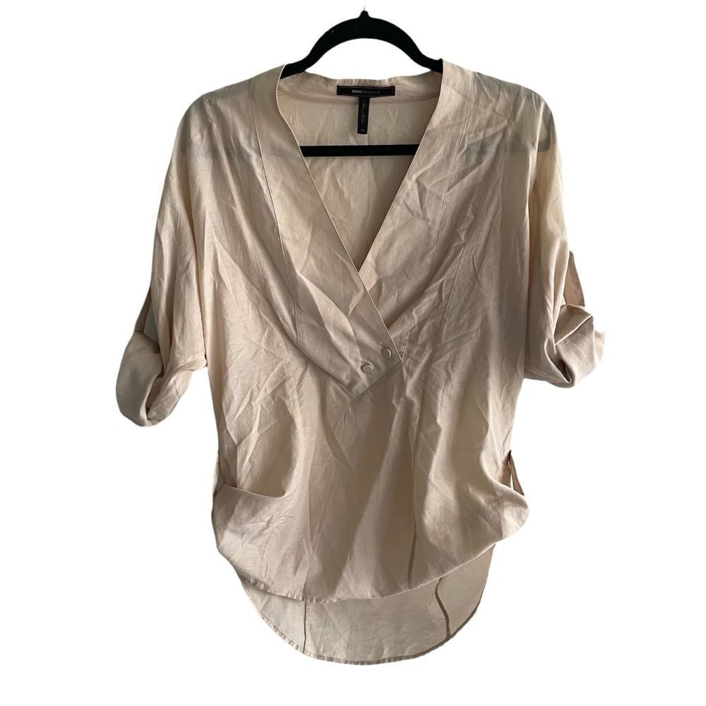 BCBGMAXAZRIA Tori Cotton Silk V-Neck Popover Shirt Blouse Roll Sleeves Tan XS